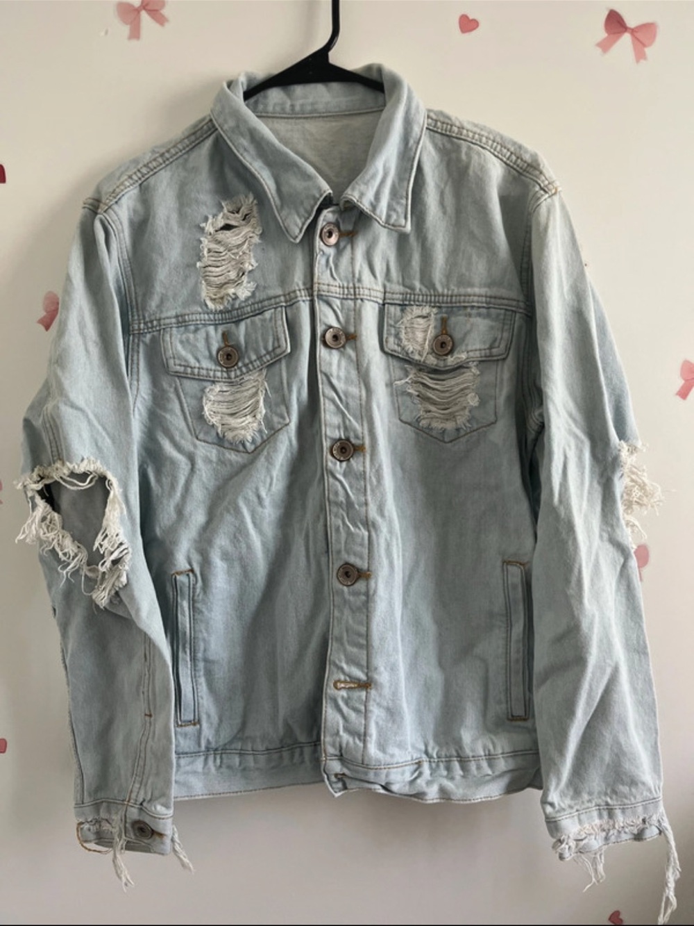 Women's Light Blue Distressed Denim Jacket - Casual Jean Jacket